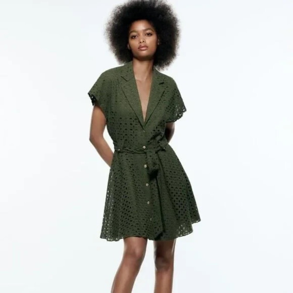 Zara Olive Green Eyelet Embroidered Mini Dress Cotton Belted Short Sleeve XS